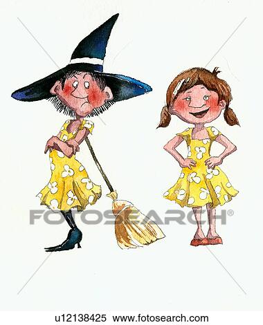 Stock Illustration - Witch jealously copying little girl, wearing the same dress. Fotosearch