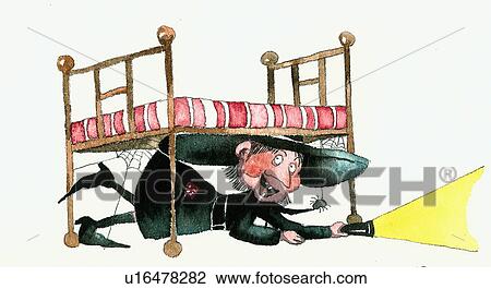 Drawing - Witch looking for something under the bed with her flashlight. Fotosearch