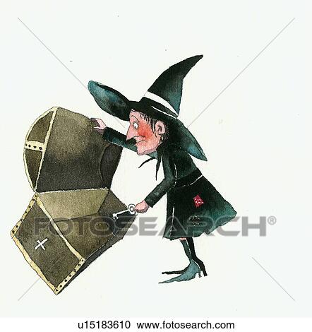 Witch looking into an empty trunk View Large Illustration Clipart - Witch looking into an empty trunk. Fotosearch