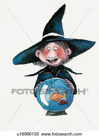 Witch looking into fishbowl globe View Large Illustration Drawing - Witch looking into fishbowl globe. Fotosearch