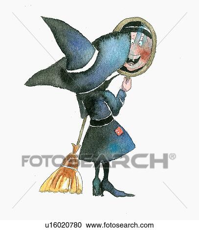 Clipart - Witch looking into mirror and smiling at herself. Fotosearch