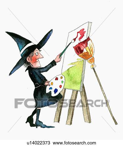Witch painting canvas on easel View Large Illustration Drawing - Witch painting canvas on easel. Fotosearch