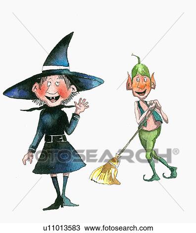 Drawing - Witch waving at elf. Fotosearch