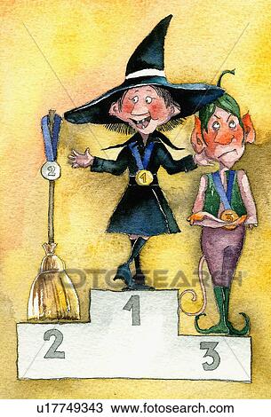Drawing - Witch wins first place, broom in second, and elf in third. Fotosearch