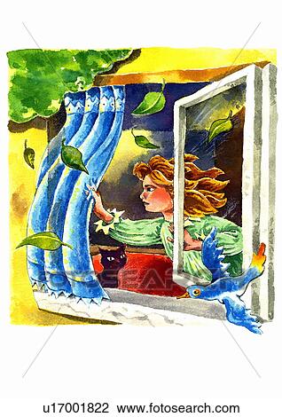 Drawing - Woman closing the window in a night storm. Fotosearch
