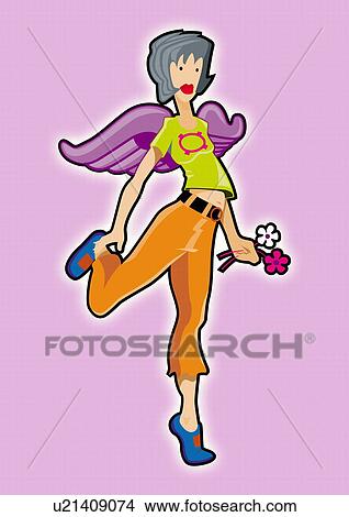 Stock Illustration - Woman with angel wings and flowers. Fotosearch