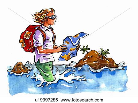 Young man wearing his clothes wading in the sea with a map and his backpack View Large Illustration Stock Illustration - Young man wearing his clothes wading in the sea with a map and his backpack. Fotosearch