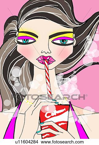 Stock Illustration - Closeup of woman drinking a soft drink. Fotosearch