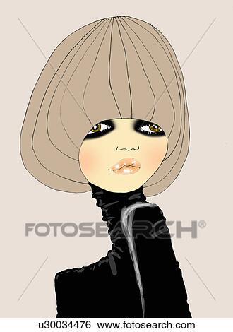 Stock Illustration - Closeup of woman in bowl haircut and black turtleneck. Fotosearch