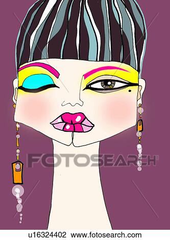 Headshot of woman in heavy makeup and creative earrings Drawing