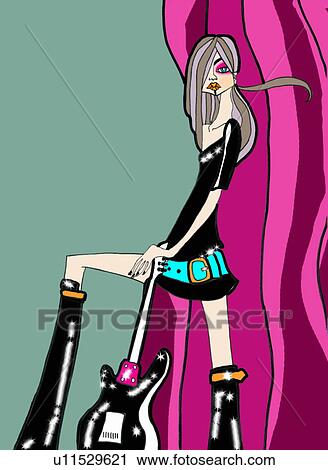 Clip Art - Rock and roll woman with electric guitar. Fotosearch