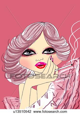 Seventies-style woman posing with a cigarette View Large Illustration Drawing - Seventies-style woman posing with a cigarette. Fotosearch