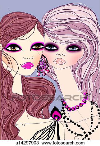 Two women in makeup and jewelry View Large Illustration Drawing - Two women in makeup and jewelry. Fotosearch