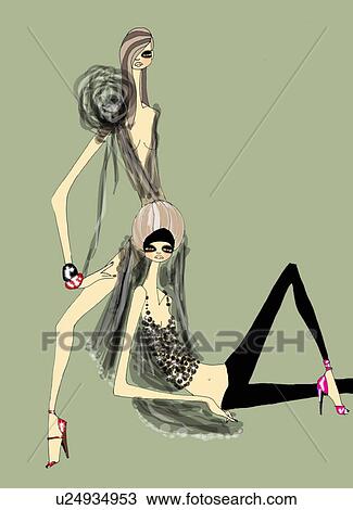 Two women modeling View Large Illustration Drawing - Two women modeling. Fotosearch