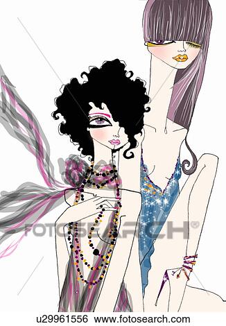 Stock Illustration - Two women modeling dresses and bead jewelry. Fotosearch