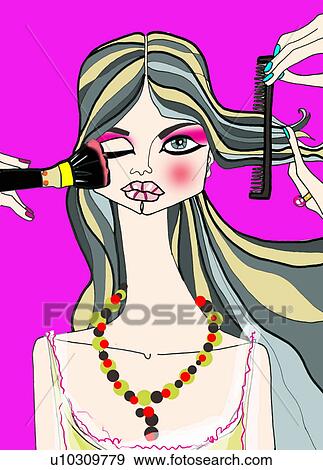 Stock Illustration - Woman being made up and hair combed. Fotosearch