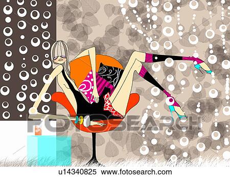 Stock Illustration - Woman draped over modern armchair in skimpy dress. Fotosearch