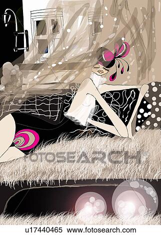 Stock Illustration - Woman in daring outfit and hat reclining on couch. Fotosearch
