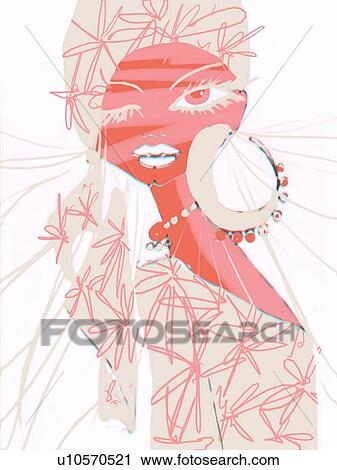 Woman in flower pattern head covering and shirt View Large Illustration Clip Art - Woman in flower pattern head covering and shirt. Fotosearch
