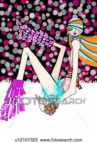 Drawing - Woman in funky clothes and pink shaggy boots. Fotosearch