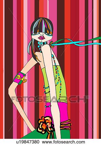 Clipart - Woman posing in colorful clothing and jewelry. Fotosearch