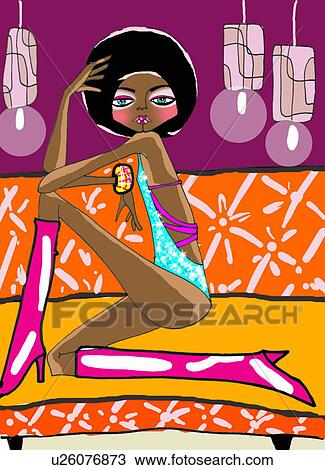 Woman posing in swim suit and high boots View Large Illustration Drawing - Woman posing in swim suit and high boots. Fotosearch