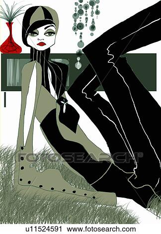 Clip Art - Woman posing on living room floor in designer suit and matching hat. Fotosearch