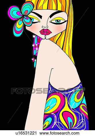 Woman wearing psychedelic shirt and matching flower in her ear View Large Illustration Clip Art - Woman wearing psychedelic shirt and matching flower in her ear. Fotosearch