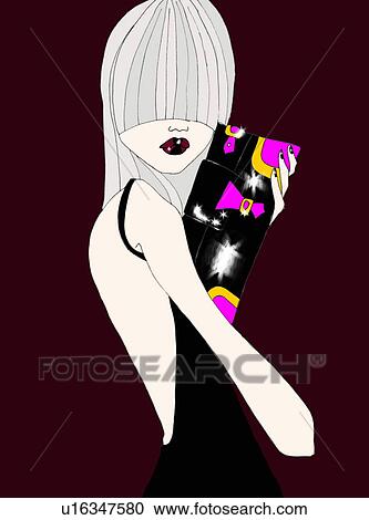 Clipart - Woman with bangs covering her face holding a purse. Fotosearch