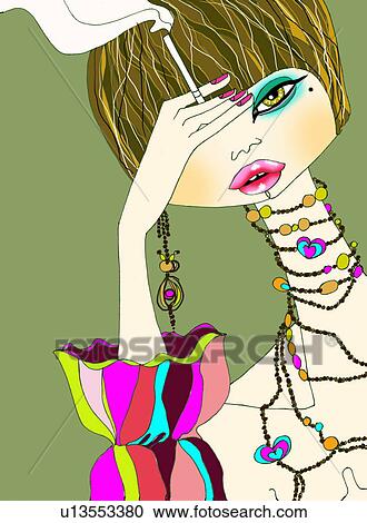 Clipart - Woman with colorful adornments smoking a cigarette. Fotosearch