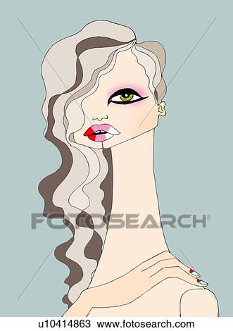 Woman with long hair and makeup posing View Large Illustration Drawing - Woman with long hair and makeup posing. Fotosearch
