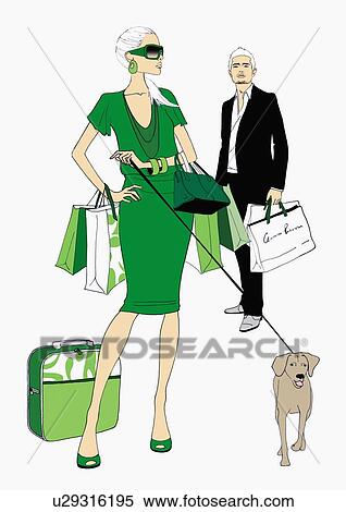 Stock Illustration - Couple with shopping bags and a dog. Fotosearch