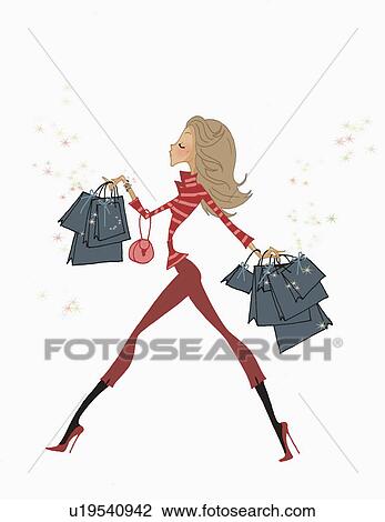 Drawing - Fashionable woman walking with many shopping bags. Fotosearch
