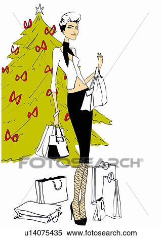 Stock Illustration - Fashionable woman with shopping bags in front of Christmas tree. Fotosearch