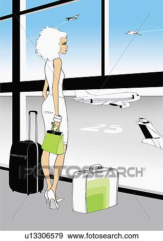 Stock Illustration - Female traveler at airport looking at planes. Fotosearch