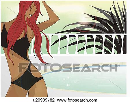 Drawing - Redhead by pool in a fashionable one-piece swim suit. Fotosearch