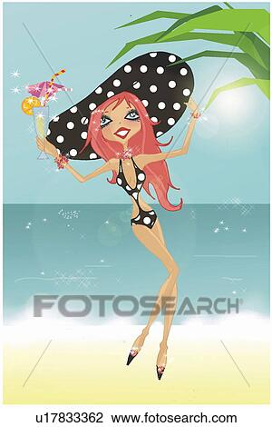 Drawing - Redhead dancing on the beach with a cocktail. Fotosearch