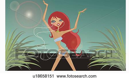 Clip Art - Redhead dancing with her ipod mp3 player. Fotosearch