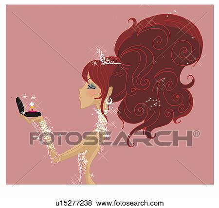 Stock Illustration - Woman adorned with jewelry holding ring in open jewelry box. Fotosearch