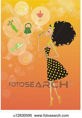 Stock Illustration - Woman blowing bubbles with fashion items in them. Fotosearch