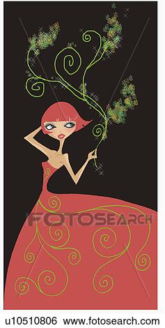 Woman in a red dress with flower pattern View Large Illustration Stock Illustration - Woman in a red dress with flower pattern. Fotosearch