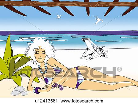 Woman in bikini lying on the beach under a pergola View Large Illustration Clip Art - Woman in bikini lying on the beach under a pergola. Fotosearch