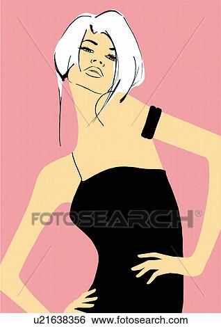Stock Illustration - Woman in black dress and hands on her hips. Fotosearch