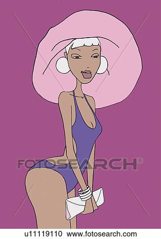 Clipart - Woman in one piece bathing suit, hat, and bag. Fotosearch