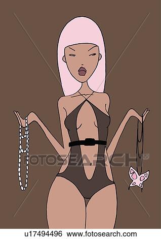 Stock Illustration - Woman in one-piece bathing suit trying to choose a necklace. Fotosearch
