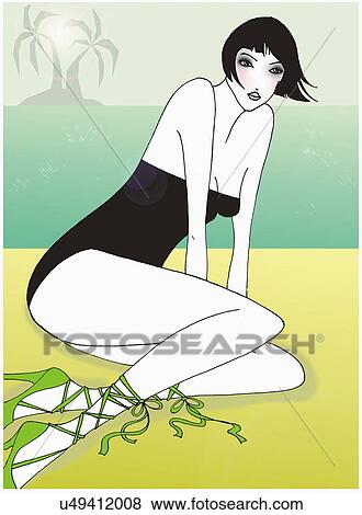 Stock Illustration - Woman in one piece swim suit and heels posing. Fotosearch