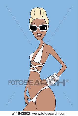 Woman in sunglasses and white bikini View Large Illustration Drawing - Woman in sunglasses and white bikini. Fotosearch