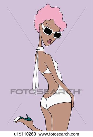 Drawing - Woman in white bathing suit, heels, and pink hair. Fotosearch