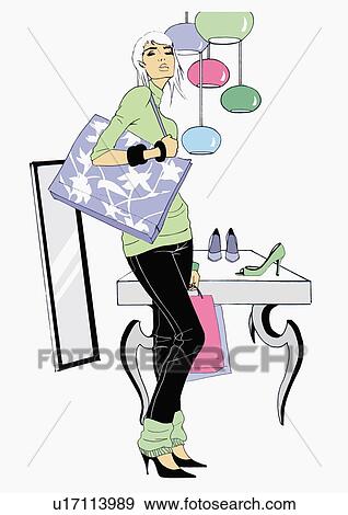 Woman in winter clothing in a shoe store View Large Illustration Stock Illustration - Woman in winter clothing in a shoe store. Fotosearch