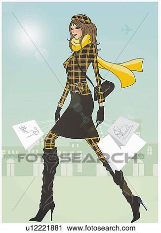 Clip Art - Woman in winter plaid clothing walking with shopping bags. Fotosearch